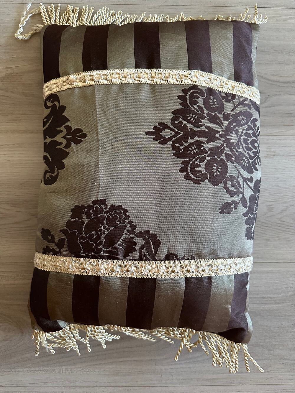 Traditional Damask & Stripe Accent Pillow Gold Fringe Trim 15" x 11"